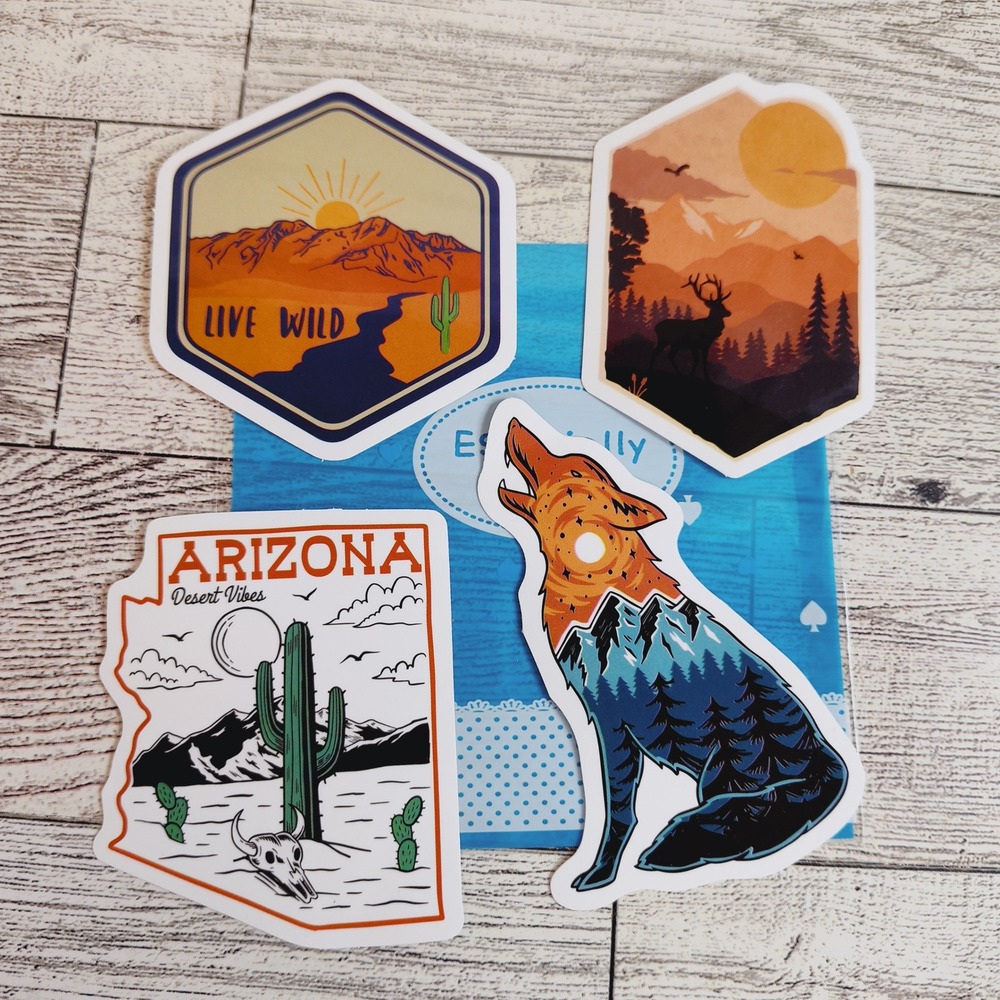 4pc Arizona Sticker Bundle - Desert Vibes, Saguaro Cactus & Wolf Decals